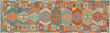 Flat Weave Kilim, Antique, Navaho, Vintage, Handmade, Geometric Kilim Blue Rust Hand-Woven Runner 100% Wool Area Rug 3 x 10